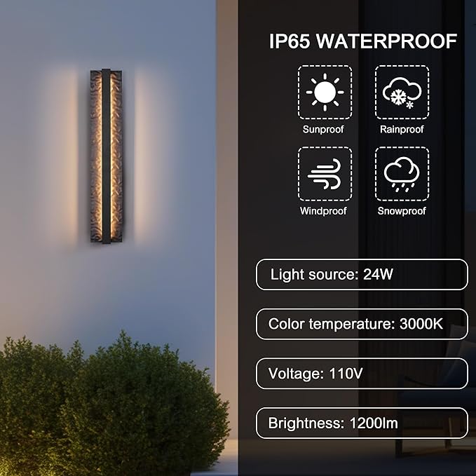 LamQee 23.6" Long Outdoor Modern LED Wall Light 3000K 1200LM, Hammered Wrought Iron and Aluminum, Linear Exterior Lighting Fixtures Wall Mount Waterproof Outside Sconce for House Porch Patio Garage