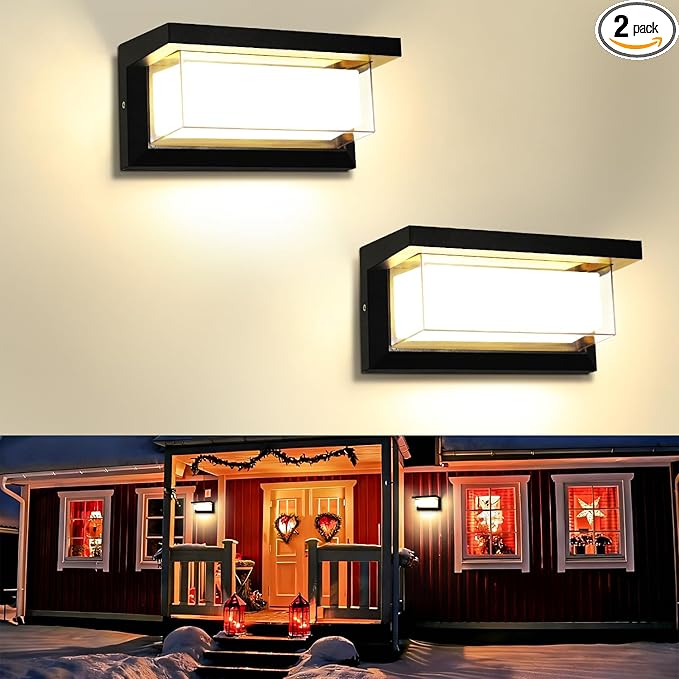 2 Pack LED Porch Light Outdoor, 18W 1800LM 3000K Warm White, IP65 Waterproof Anti-Rust Modern Wall Lighting, Exterior Wall Mount Fixture for Christmas, Garage, Hallway, Backyard