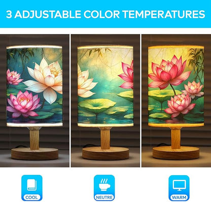 Lotus Table Lamp LED 3-Color Pressed Bedside, Lotus Shade Lamp with Wood Base for Bedroom Living Room Desk Office