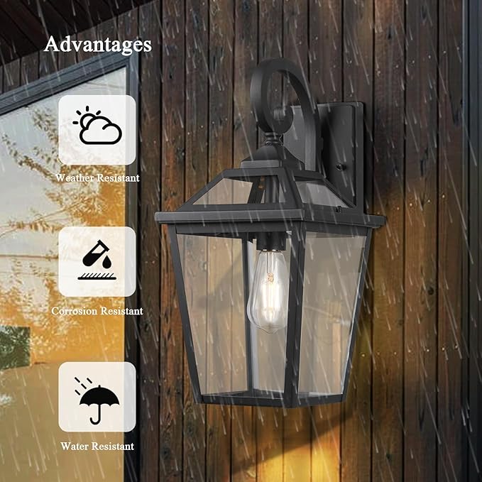 Outdoor Wall Lantern, Black Exterior Light Fixture Wall Mount with Clear Glass for Front Porch, 18 Inch Tall Waterproof Outdoor Wall Sconces Lamp Outside for House, Doorway, Garage, Patio