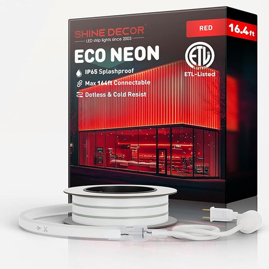 Shine Decor LED Rope Lights AC 120V, Connectable & Cuttable Dotless 120LEDs/M Eco Neon Strip Lighting, ETL IP65 Waterproof & Weather-Resistant for Home Commercial, 8x16mm, Red, 16.4FT
