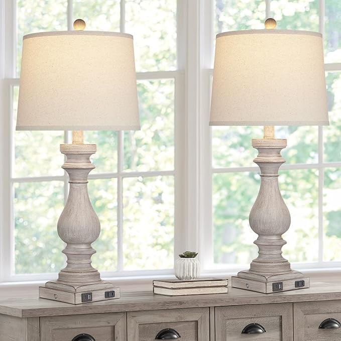 29" Farmhouse Table Lamp for Living Room Set of 2,Vintage Bedside Lamps with USB C+A Ports & AC Outlet,3-Way Dimmable Touch Control Gray Washed Finish Nightstand for Bedroom,Gray