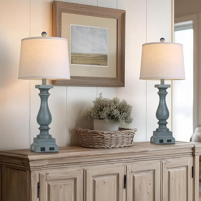28" Tall Farmhouse Table Lamp with USB C+A Ports and AC Outlet, 3 Way Touch Control Rustic Bedside Lamp for Bedroom, Blue Vintage Nightstand Lamp for Living Room Office