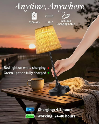 Cordless Table Lamp,5200mAh Battery Operated Fabric Shade Desk Lamp,Three Color Stepless Dimmable Small Touch Lamp, Night Light for Dining Room, Bedroom, Bar,LED Night Light, Camping, Balcony