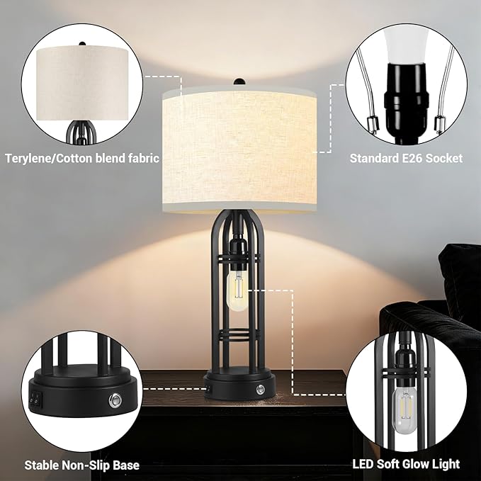 Bedroom Lamps Set of 2, Side Table Lamp, 3-Way Dimmable Touch Lamp, Stepless Dimming, Bedside Lamps with Charging Ports, Black Table Lamps for Living Room(Bulbs Included)