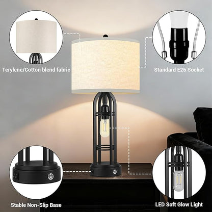 Bedroom Lamps Set of 2, Side Table Lamp, 3-Way Dimmable Touch Lamp, Stepless Dimming, Bedside Lamps with Charging Ports, Black Table Lamps for Living Room(Bulbs Included)