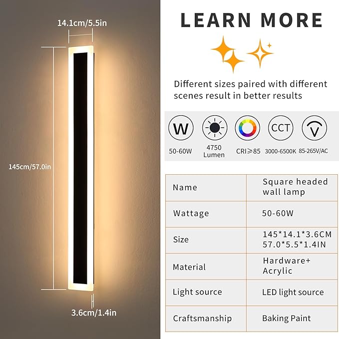 Mikeru 2Pack 57inch Modern Outdoor Exterior Wall Light, 3000k/4500k/6000k 3 Colors Switchable Large Outdoor Fixture Wall Mount, Ip65 Waterproof Modern Long Porch Light, Hardwired (Width: 5.5inch)
