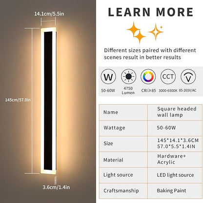 Mikeru 2Pack 57inch Modern Outdoor Exterior Wall Light, 3000k/4500k/6000k 3 Colors Switchable Large Outdoor Fixture Wall Mount, Ip65 Waterproof Modern Long Porch Light, Hardwired (Width: 5.5inch)