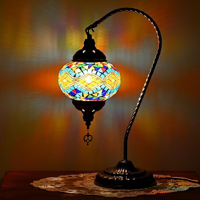 Swan Neck Turkish Moroccan Lamp Handmade Stained Mosaic Glass Vintage Lamp Shade Bohemian Tiffany Style Bedside Night Lamp Lighting for Bedroom Living Room (Colorful)