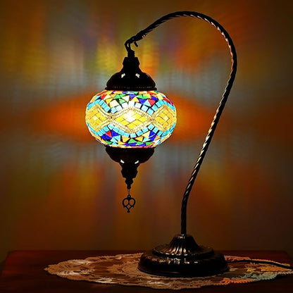 Swan Neck Turkish Moroccan Lamp Handmade Stained Mosaic Glass Vintage Lamp Shade Bohemian Tiffany Style Bedside Night Lamp Lighting for Bedroom Living Room (Colorful)