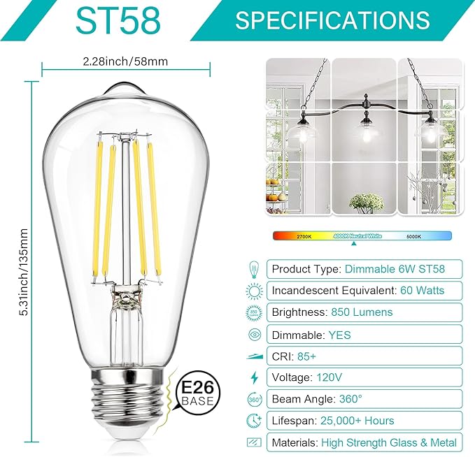 MAXvolador 12-Pack Dimmable Vintage LED Edison Bulb 60W Equivalent, 6W 850Lumens Neutral White 4000K ST58 Antique Filament Light Bulbs, E26 Base