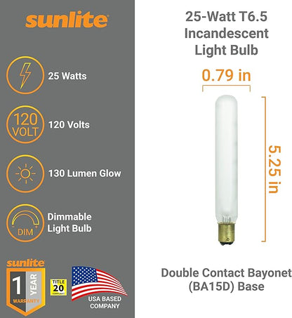 Sunlite 41724 Incandescent T6.5 Tubular Light Bulb, BA15D Double Contact Bayonet Base, 25 Watts, 130 Lumens, Dimmable, Mercury Free, Title 20 Approved, 2600K Warm White, Frost Glass, 25 Count