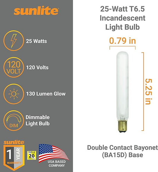 Sunlite 41724 Incandescent T6.5 Tubular Light Bulb, BA15D Double Contact Bayonet Base, 25 Watts, 130 Lumens, Dimmable, Mercury Free, Title 20 Approved, 2600K Warm White, Frost Glass, 25 Count