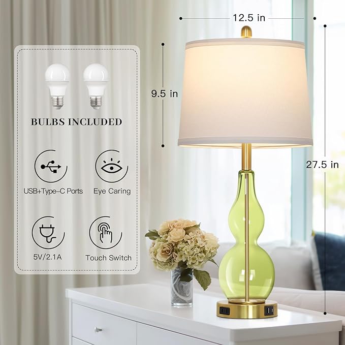 27.5" Green Glass Double Gourd Table Lamp Set of 2,3-Way Dimmable Touch Control Bedside Lamps with USB Ports and AC Outlet, Nautical Nightstand Lamps for Bedroom Living Room