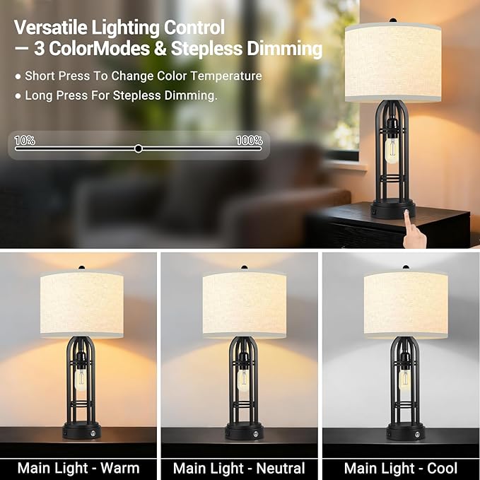 Bedroom Lamps, Side Table Lamp, 3-Way Dimmable Touch Lamp, Stepless Dimming, Bedside Lamps with Charging Ports, Black Table Lamps for Living Room(Bulbs Included) - 1 Pack