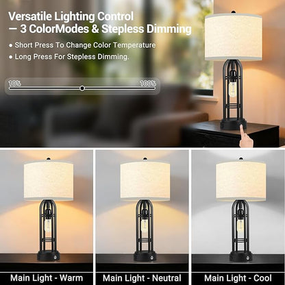 Bedroom Lamps, Side Table Lamp, 3-Way Dimmable Touch Lamp, Stepless Dimming, Bedside Lamps with Charging Ports, Black Table Lamps for Living Room(Bulbs Included) - 1 Pack