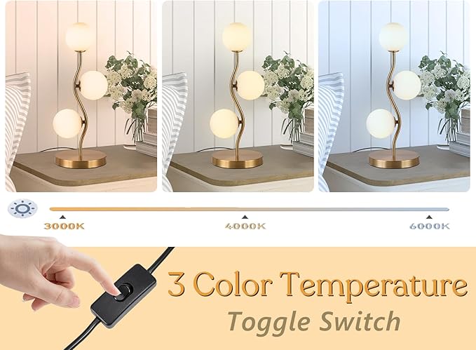 Mid Century Gold Globe Table Lamp 3-Light Flower Curve Beside Desk Table Light with Milk White Glass Shade Metal Base Nightstand Lamp for Bedroom Bedside