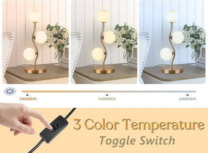 Mid Century Gold Globe Table Lamp 3-Light Flower Curve Beside Desk Table Light with Milk White Glass Shade Metal Base Nightstand Lamp for Bedroom Bedside