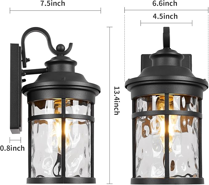 Treekee Outdoor Light Fixture Wall Mount, Modern Exterior Wall Sconce with Water Ripple Glass & E26 Sockets for Front Porch, Farmhouse Rustic Black Wall Lantern Lamp for Patio Garage Home Yard