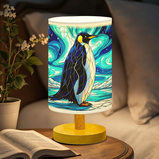 Penguin Table Lamp LED 3-Color Pressed Bedside, Penguin Shade Lamp with Wood Base for Bedroom Living Room Desk Office TL01
