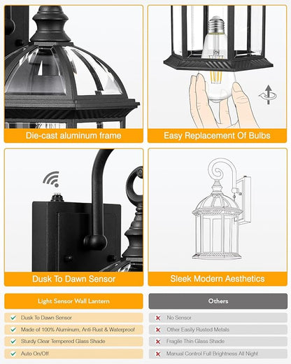 VIANIS 15.7" Large Outdoor Wall Lights, Black Exterior Lighting Fixtures with Tempered Beveled Glass, Anti-Rust Dusk to Dawn Outdoor Lighting for House, Waterproof Outdoor Sconce Lights for Porch