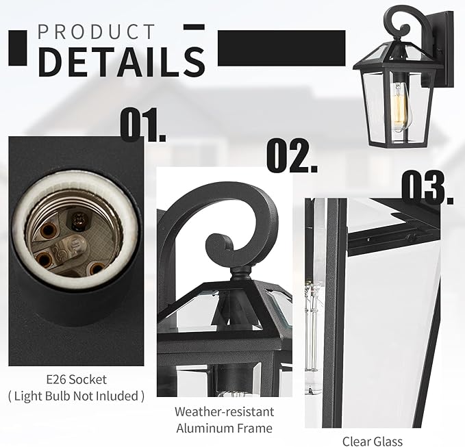 Outdoor Wall Light Fixtures, Waterproof Exterior Wall Lanterns with Glass, Outside Wall Sconces, Front Porch Lights for House Garage Doorway Patio 7H1B-M-2PK BK