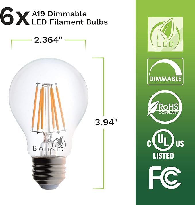 Bioluz LED 40 Watt A19 Light Bulbs Uses 5W Dimmable Filament Style Edison Light Bulbs, 2700K Warm FCC UL RoHS Title 20 90 CRI 6-Pack