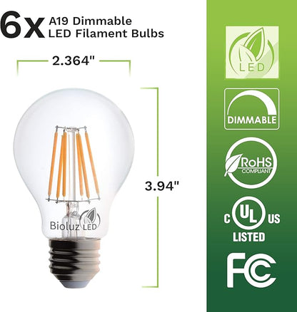 Bioluz LED 40 Watt A19 Light Bulbs Uses 5W Dimmable Filament Style Edison Light Bulbs, 2700K Warm FCC UL RoHS Title 20 90 CRI 6-Pack