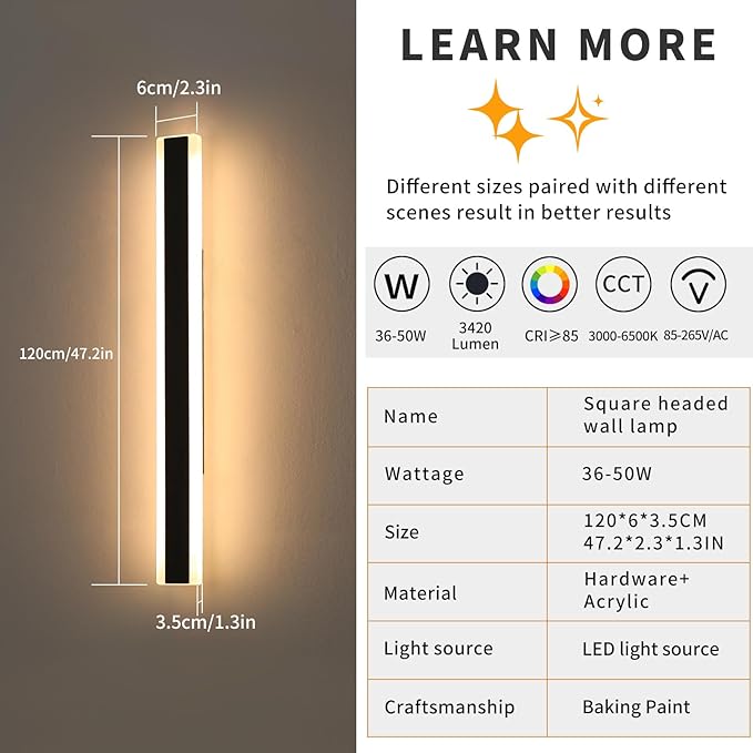 Mikeru 2Pack 47inch Outdoor Wall Light Fixtures, 3000/4500/6000K 3 Color Modern Black Linear Wall Lights Front Porch Light Wall Mounted Led Lighting for Basement, Shop,Garage Non-Dimmable