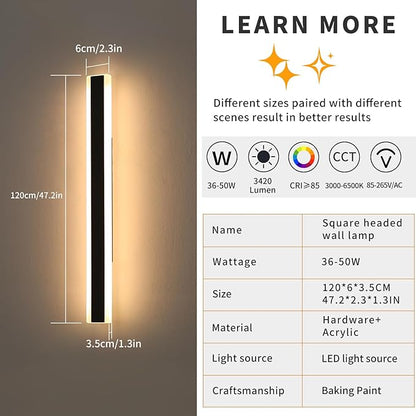 Mikeru 2Pack 47inch Outdoor Wall Light Fixtures, 3000/4500/6000K 3 Color Modern Black Linear Wall Lights Front Porch Light Wall Mounted Led Lighting for Basement, Shop,Garage Non-Dimmable