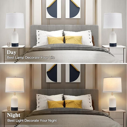 Modern Ceramic Table Lamp Set of 2, Adjustable Color Temperature Bedside Lamps for Night Stands with Fabric Drum Shade, Nightstand Lamps for Bedroom, Living Room, Desk, Includes 2 Bulbs (21.4")