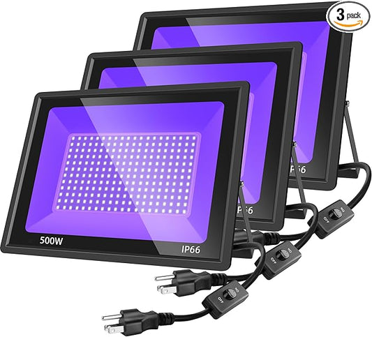 3Pack 500W LED Black Lights, Blacklight Flood Light with Plug & Switch, IP66 Outdoor Waterproof Blacklight for Halloween Party, Stage Light, Body Paint, Neon Glow 110V~265V AC