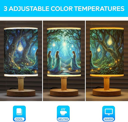 Elves in an Enchanting Table Lamp LED 3-Color Pressed Bedside, Elves in an Enchanting Shade Lamp with Wood Base for Bedroom Living Room Desk Office TL01