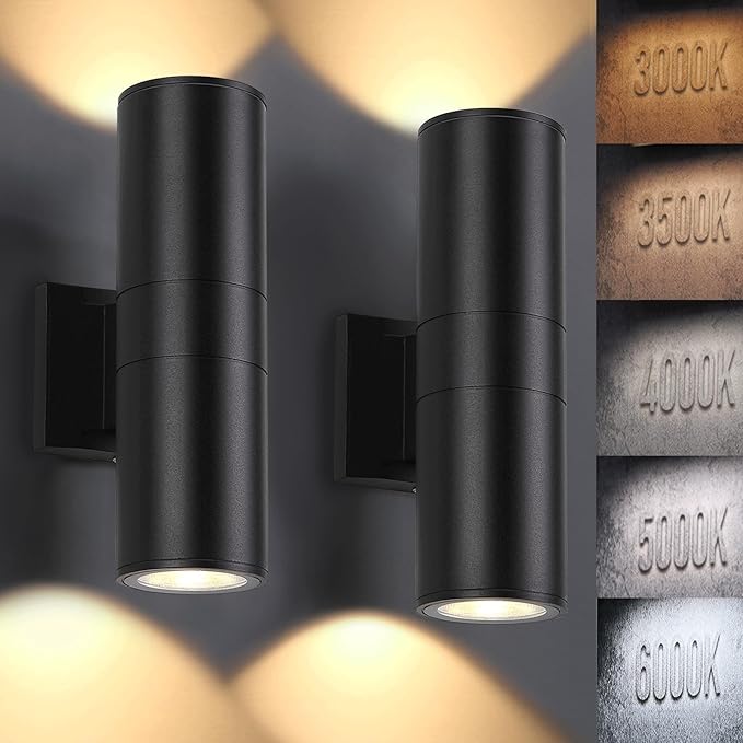 5CCT Dimmable Wall Lights Outdoor 2 Packs, Integrated LED Cylinder Up Down Modern Aluminum Light, Waterproof Exterior Light for Porch Patio Door