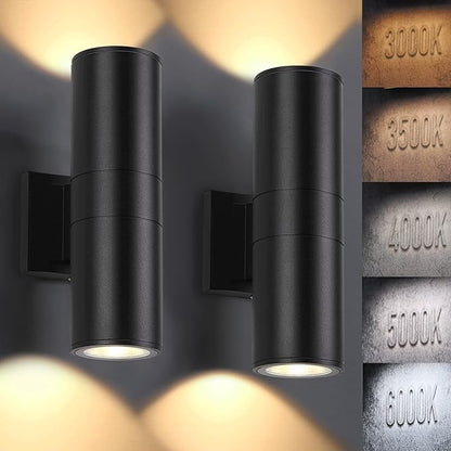 5CCT Dimmable Wall Lights Outdoor 2 Packs, Integrated LED Cylinder Up Down Modern Aluminum Light, Waterproof Exterior Light for Porch Patio Door