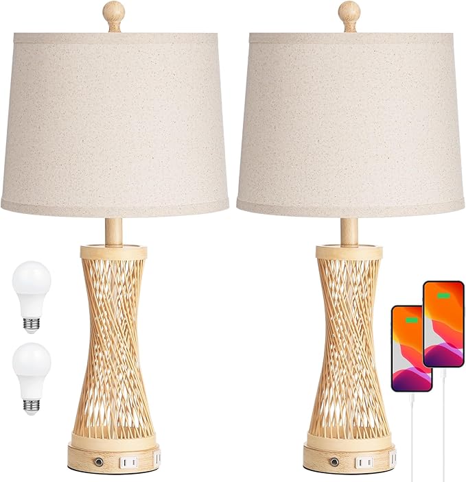 24.4”Farmhouse Rattan Table Lamps Set of 2, Touch Bedside Lamps for Bedroom with Dimmable Night Light, USB A+C Ports, Bamboo Boho Nightstand Lamp with Cream Linen Shade, C04TL05
