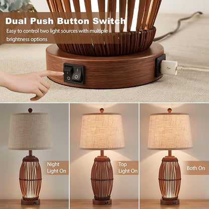 27” Vintage Bamboo Woven Table Lamps Set of 2, Farmhouse Rattan Bedside Lamps for Bedroom Livingroom Office Study with Nightlight and USB A+C, Bulbs Included