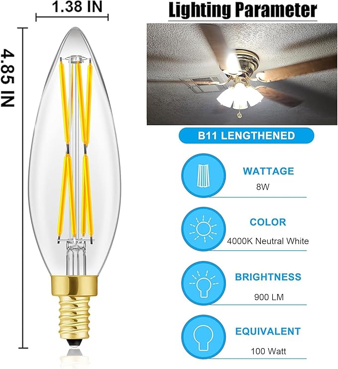 E12 Candelabra Light Bulbs 8W,Equal 100 Watt Dimmable Led Bulbs,4000K Daylight Led Candle Bulb,Chandelier Light Bulbs 4.85In,850lm,4-Pack