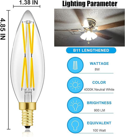 E12 Candelabra Light Bulbs 8W,Equal 100 Watt Dimmable Led Bulbs,4000K Daylight Led Candle Bulb,Chandelier Light Bulbs 4.85In,850lm,4-Pack