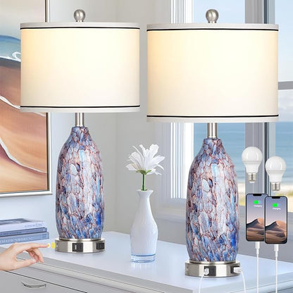 Coastal Lamps with USB A+C Ports & LED Night Light, Unique Seashells Glass Table Lamps with Natural Fabric Shade, Modern Touch Control Beach Bedside Lamp for Living Room Bedroom Nightstand Navy Blue