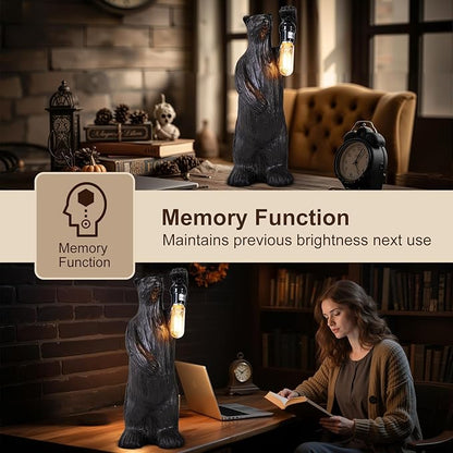Scenekoy Bear Table Lamp for Living Room Bedroom, Memory Function, 3 Way Cycling Dimming, Resin Gothic Style Bedside Nightstand Lamps, Rustic Night Light Home Room Decor (Bulb Included)