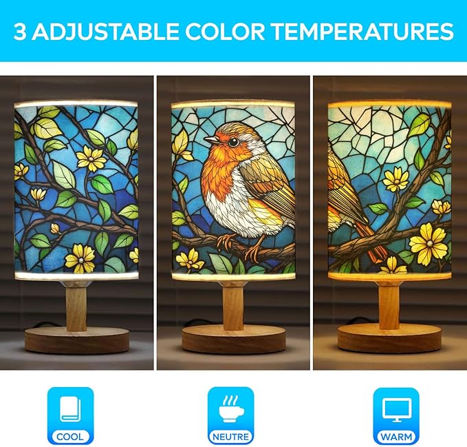 Robin Table Lamp LED 3-Color Pressed Bedside, Robin Shade Lamp with Wood Base for Bedroom Living Room Desk Office TL01