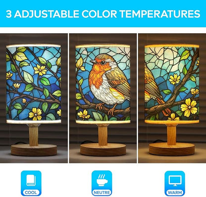 Robin Table Lamp LED 3-Color Pressed Bedside, Robin Shade Lamp with Wood Base for Bedroom Living Room Desk Office TL01