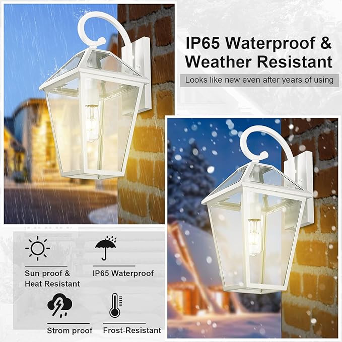 Outdoor Light Fixtures Wall Mount, Waterproof Exterior Wall Lanterns with Glass, Outside Wall Sconces, Front Porch Lights for House Garage Doorway Patio (White, Clear Glass)