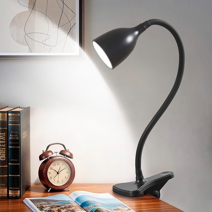 Desk Lamp for Home Office - Clip on Reading Light and Bed Headboard Clamp Lamp, Bedside Gooseneck Table Lamp, Clip on Desk Lamps, Eye-Caring Desk Lamp for College Dorm Room Study Lamp, Black