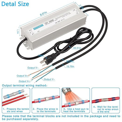 LED Driver 12V250W Waterproof Power Supply IP67 AC90-130V to DC 12V20.8A Converter Switching Power Supply Suitable for Indoor Outdoor LED Light Strip and Any 12V DC High-End Devices