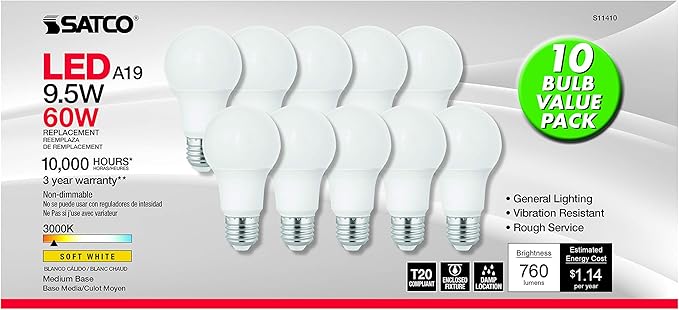 Satco S11410 9.5-Watt A19 LED Light Bulbs, 60-Watt Replacement, 3000K Warm White, 760 Lumens, 10 Pack