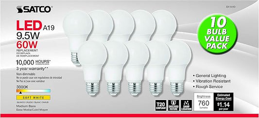 Satco S11410 9.5-Watt A19 LED Light Bulbs, 60-Watt Replacement, 3000K Warm White, 760 Lumens, 10 Pack