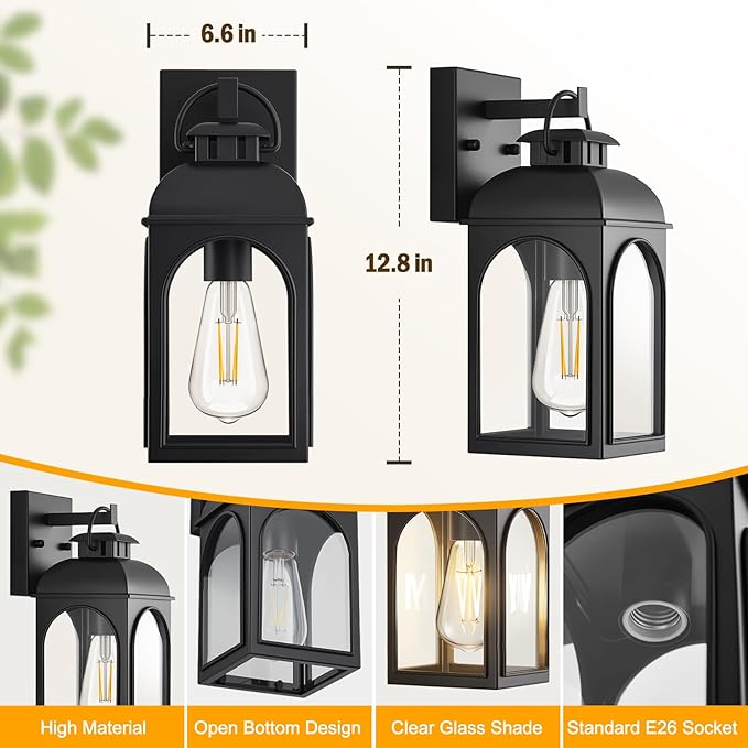 Outdoor Wall Lights, 2 Pack Outside Porch Lights Modern Wall Mount Exterior Lighting Fixtures Black Sconces Lanterns Waterproof Anti Rust for Farmhouse House Garage Doorway Front Door