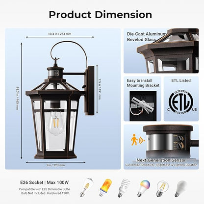 VIANIS Motion Sensor Outdoor Porch Lights Wall Mount, Aluminum Dusk to Dawn Outdoor Lighting for House Exterior Wall Sconce, Waterproof Oil Rubbed Bronze Gold Trim Exterior Lighting Fixtures for Patio